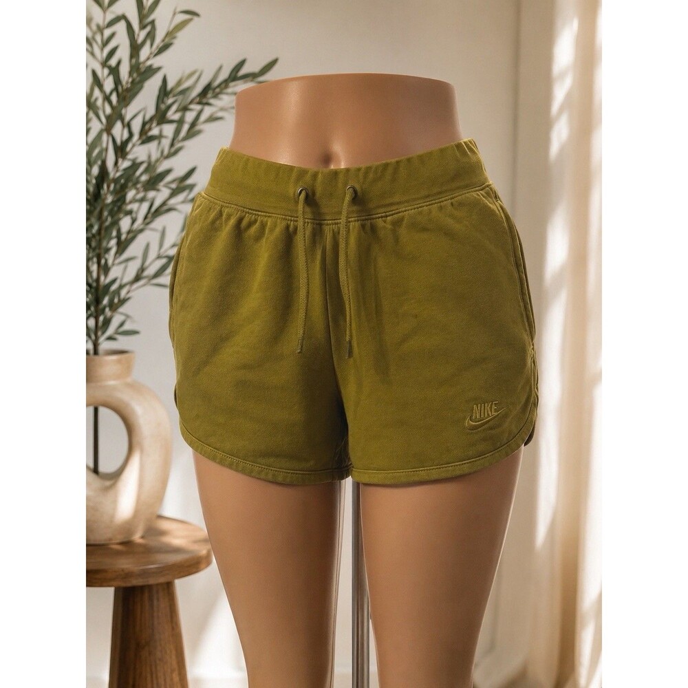 Nike Women's Green Solid Knit Athletic Shorts Drawstring Elastic Waist Gym